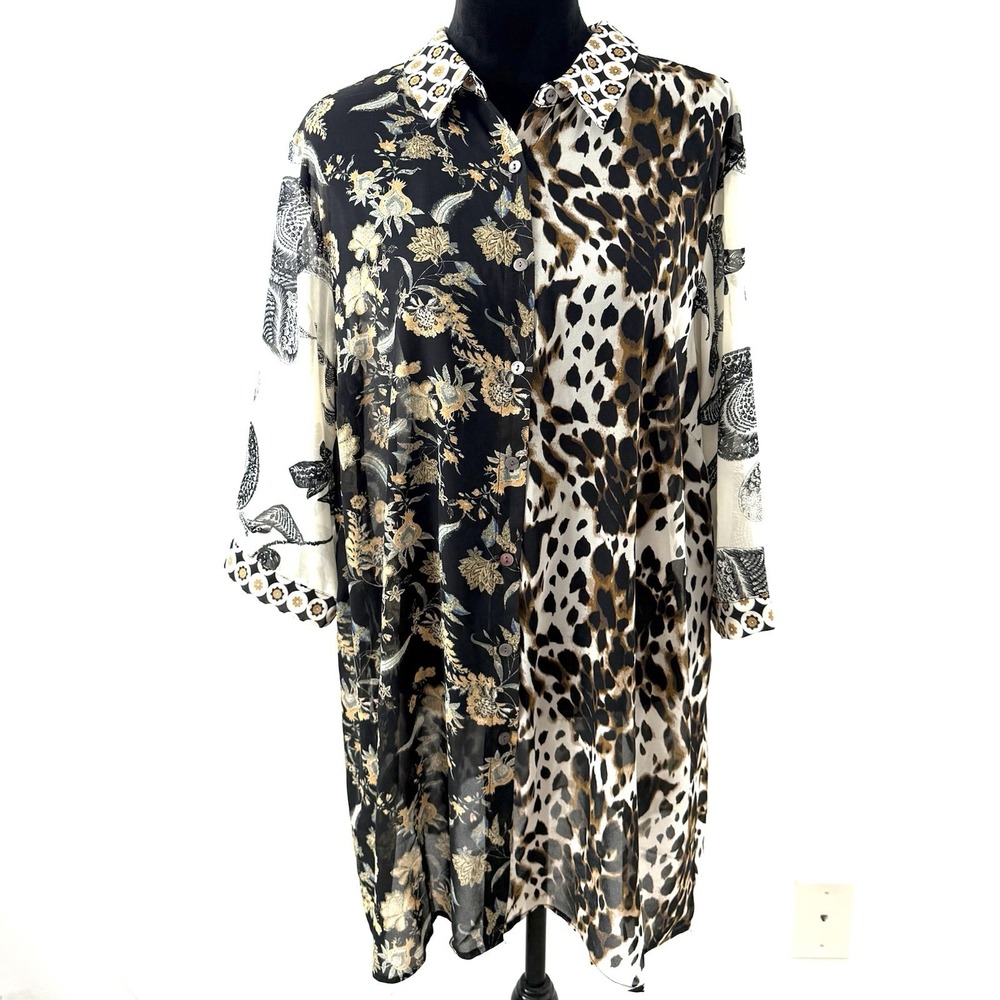 Rose + Olive Top Women's 1X Beige Brown Tunic Button Up Floral Fairy Chiffon New